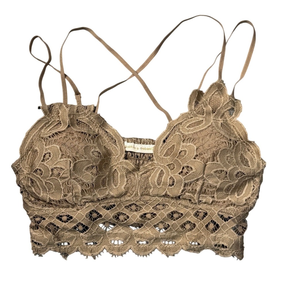 Pookie & Sebastian Lace Bralette Taupe Tan Smocked Back Adjustable Straps S USA
